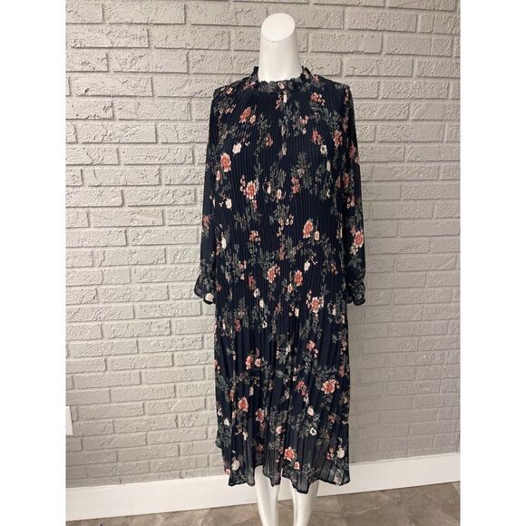 Elegant Floral Pleated Chiffon Midi Dress with Long Sleeve Size L - Picture 6 of 7